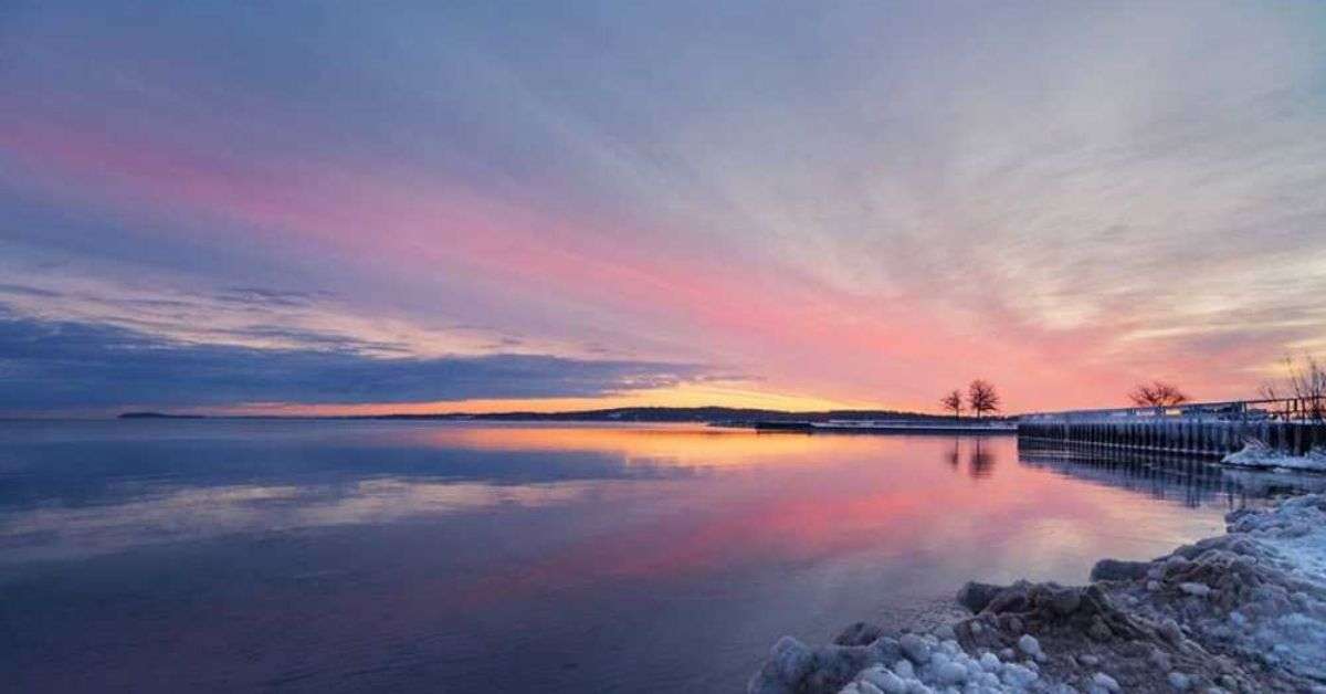 A sunset shot of the shoreline at Clinch Park, Traverse City, Michigan